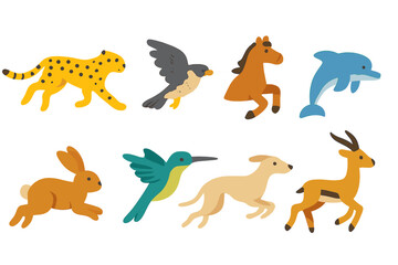 Fast Animals Illustration. Flat vector mini-illustrations fast animals in colors children's illustrations: cheetah, falcon, horse,