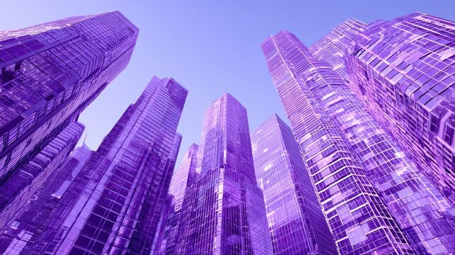 Breathtaking Purple Metropolis Sunset Majestic Skyscrapers Bathed in the Glow of Twilight, Ideal for Social Media Campaigns and Business Presentations, Evoking a Sense of Awe and Inspiration.