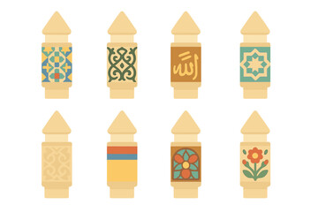 Colorful Minaret Decorations. Flat vector mini-illustrations minaret decorations in colors children's illustrations: mosaic tiles,