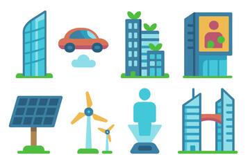 Fototapeta premium Futuristic City Icons. Flat vector mini-illustrations futuristic skyscrapers in colors children's illustrations: glass towers,