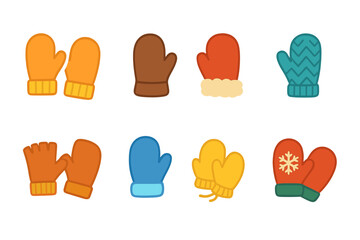 Colorful Mittens Grid. Flat vector mini-illustrations pair of mittens in colors children's illustrations: wool mittens, leather