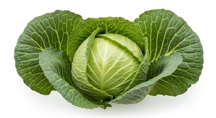 A fresh green cabbage head with outer leaves on a white background, ready for cooking.