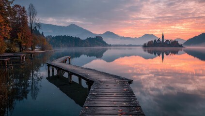 Wooden boardwalk at sunrise over a lake, misty mountains