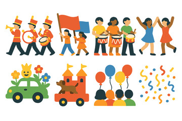 Colorful Parade Icons. Flat vector mini-illustrations procession in colors children's illustrations: marching band, flags, drums,