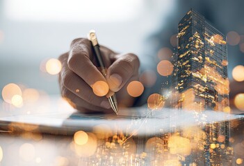 Close-up of hand writing on tablet, overlaid with city lights