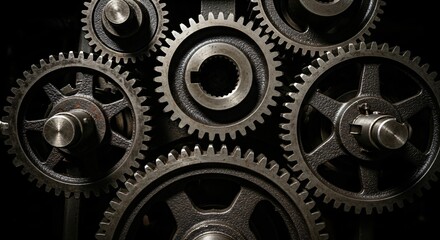 Cluster of mechanical gears interlocked to represent motion, teamwork, or industrial mechanism. Abstract concept for engineering, process.