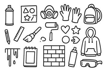 Graffiti Tools Illustration. Hand-drawn doodle illustration graffiti stencil spray can, stencil sheet, mask, gloves, paint roller,