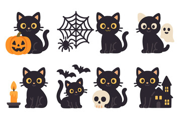 Fototapeta premium Halloween Black Cat Icons. Flat vector mini-illustrations halloween black cat in colors children's illustrations: black cat with