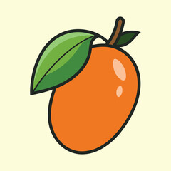 Cartoon illustration of an orange mango fruit with green leaves and stem