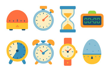 Colorful Timer Icons. Flat vector mini-illustrations timer in colors children's illustrations: kitchen timer, stopwatch, hourglass