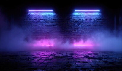 Neon-lit, smoky room with brick walls (1)