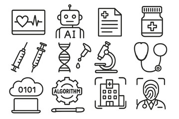 Healthcare AI Doodles. Hand-drawn doodle illustration AI in healthcare heart monitor, AI robot, medical chart, pill bottle,