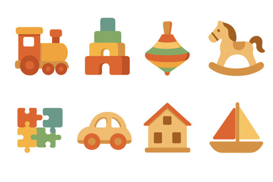Colorful Wooden Toys. Flat vector mini-illustrations wooden toys in colors children's illustrations: wooden train, building blocks