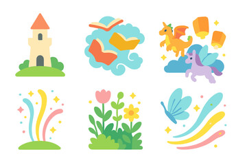 Naklejka premium Imaginative Icon Parade. Flat vector mini-illustrations ivory tower and imagination in colors children's illustrations: flying