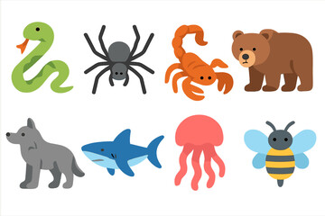 Fototapeta premium Dangerous Animals Icons. Flat vector mini-illustrations danger animals in colors children's illustrations: snake, spider, scorpion