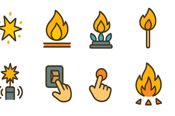 Ignition Icons Grid. Flat vector mini-illustrations ignition process in colors children's illustrations: spark, flame ignition,
