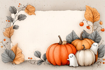 Whimsical watercolor pumpkins with ghosts, autumn leaves, and soft textures create a cozy harvest-themed scene.