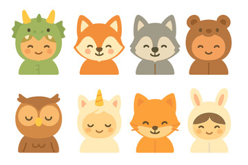 Fototapeta premium Hooded Fantasy Animals. Flat vector mini-illustrations hooded fantasy animals in colors children's illustrations: dragon hood, fox
