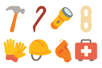 Earthquake Safety Tools. Flat vector mini-illustrations earthquake tools in colors children's illustrations: hammer, crowbar,