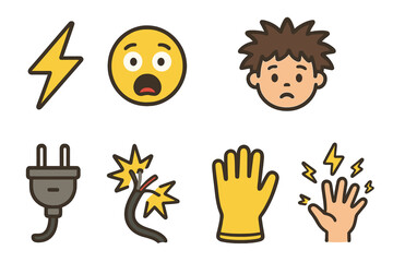 Fototapeta premium Electric Shock Icons. Flat vector mini-illustrations electric shock in colors children's illustrations: lightning bolt, shocked