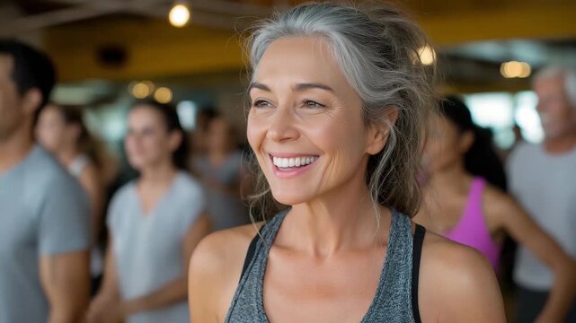 happy woman dancing in a diverse Zumba class, people of all ages moving together joyfully in a warm, colorful studio, inclusive and supportive energy