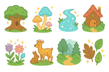 Fototapeta premium Enchanted Forest Icons. Flat vector mini-illustrations enchanted forest in colors children's illustrations: magical tree, glowing