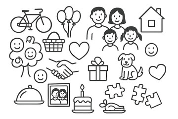Family Fun Doodles. Hand-drawn doodle illustration blended family activities bicycle, picnic basket, balloons, smiling faces,