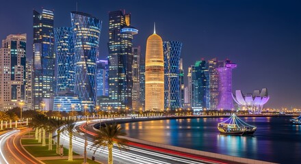 Fototapeta premium Doha Qatar Skyline at Night with Light Trails