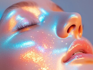 Close-Up of a Woman's Face with Shimmering Makeup Under Soft Light in Pastel Colors