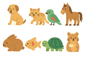 Injured Animals Icons. Flat vector mini-illustrations pain in animals in colors children's illustrations: dog with paw bandage,