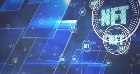 Animation of digital circles with nft text and blue blank screens moving on abstract background - Powered by Adobe