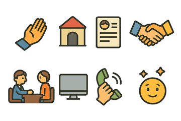 Job Assistance Icons. Flat vector mini-illustrations unemployment support in colors children's illustrations: helping hand, job
