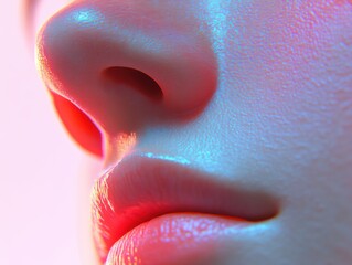 Close-Up Portrait of a Female Face with Glossy Skin and Colorful Light Reflection