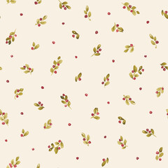 Christmas seamless pattern hand drawn with watercolor. Retro Xmas design with abstract watercolor greenery, red berries. Mistletoe digital paper. Old style colors