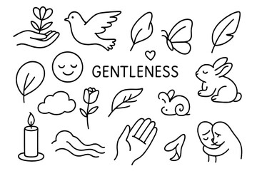 Gentle Doodle Icons. Hand-drawn doodle illustration gentleness hand holding flower, dove, butterfly, soft leaf, baby animal, heart