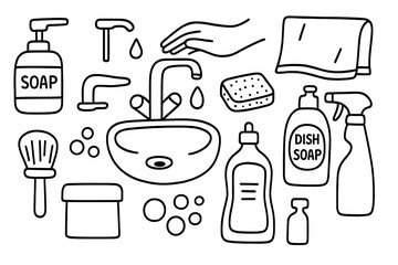 Kitchen Cleaning Essentials. Hand-drawn doodle illustration kitchen soap dispenser soap dispenser, pump nozzle, hand, sink, faucet