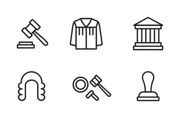 Law Icon Set. Outline icon set of law and authority: gavel, judge robe, courthouse, scales of justice, judge’s wig, seal, gavels