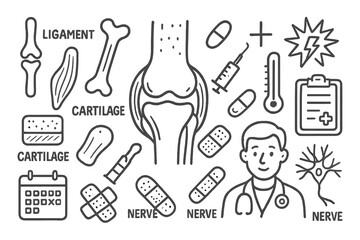 Knee Joint Doodle. Hand-drawn doodle illustration ligament knee ligament, bone, knee joint, cartilage, muscle, syringe, pill,