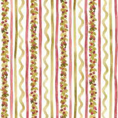 Geometric Christmas seamless pattern hand drawn with watercolor. Retro Xmas design with abstract watercolor lines and garland from greenery, red berries. Festive digital paper in old style