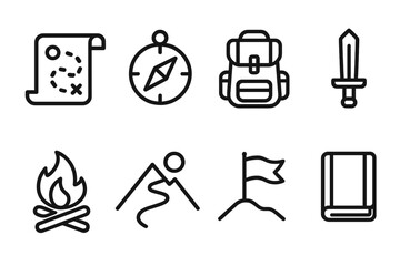 Fototapeta premium Legendary Quest Icons. Outline icon set of legendary quests: treasure map, compass, backpack, sword, campfire, mountain path, flag