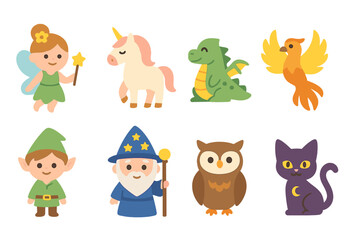 Magical Creatures Grid. Flat vector mini-illustrations magical creatures in colors children's illustrations: fairy, unicorn,