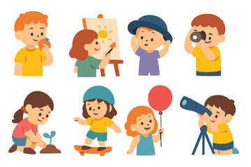Fototapeta premium Kids Exploring Creativity. Flat vector mini-illustrations trying new things in colors children's illustrations: kid tasting fruit,