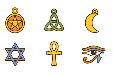 Magical Amulet Grid. Flat vector mini-illustrations magical symbols amulets in colors children's illustrations: pentagram charm,