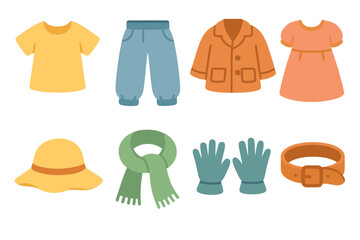 Loose Clothing Icons. Flat vector mini-illustrations loose clothing in colors children's illustrations: loose shirt, baggy pants,