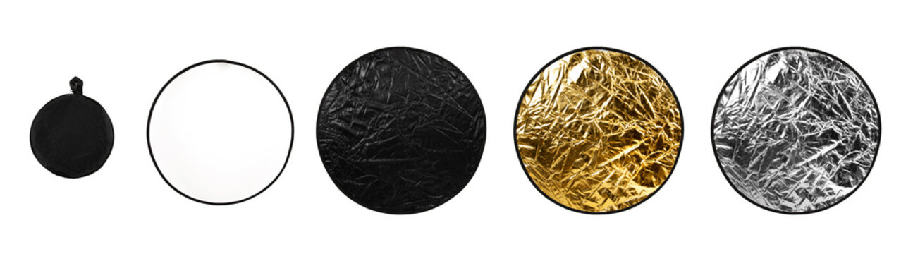 A 5-in-1 photography reflector kit laid out on a white back