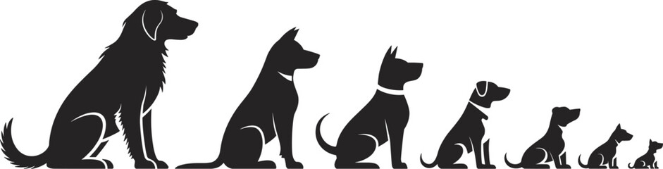 Silhouette Vector of Dogs Sitting in Size Order from Large to Small for Pet Breed and Animal Illustration Projects