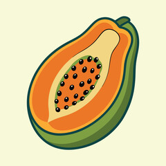Illustrated Half Papaya with Black Seeds and Green Skin on Pale Background