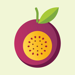 Stylized Passion Fruit Slice with Seeds, Stem and Leaf, on Pale Green