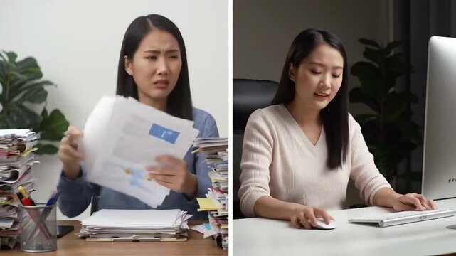 Split screen. On the left, a person struggles with a common problem (e.g., a messy desk, a slow computer). On the right, the same scene is calm and efficient, thanks to the product