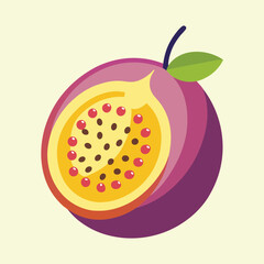 Half Cut Passion Fruit with Black and Red Seeds and Green Leaf